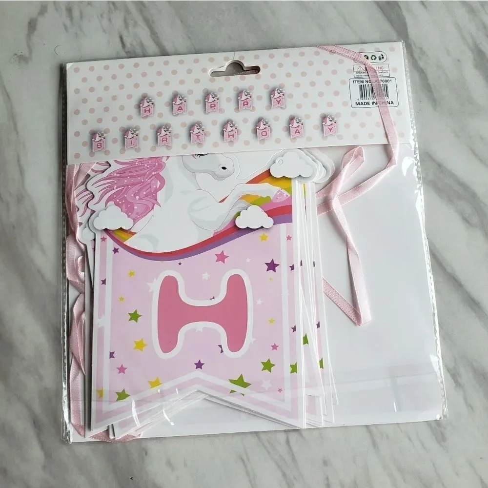 Unicorn Rainbow Pink Girl Happy Birthday Ribbon Banner NWT